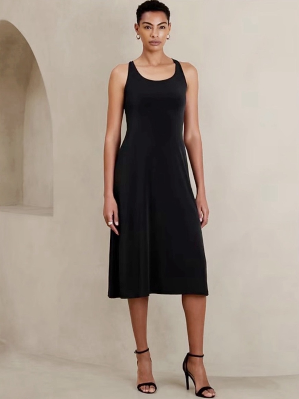 Banana Republic Black Midi Scoop Neck Slip Dress Double Layer Size M Petite
